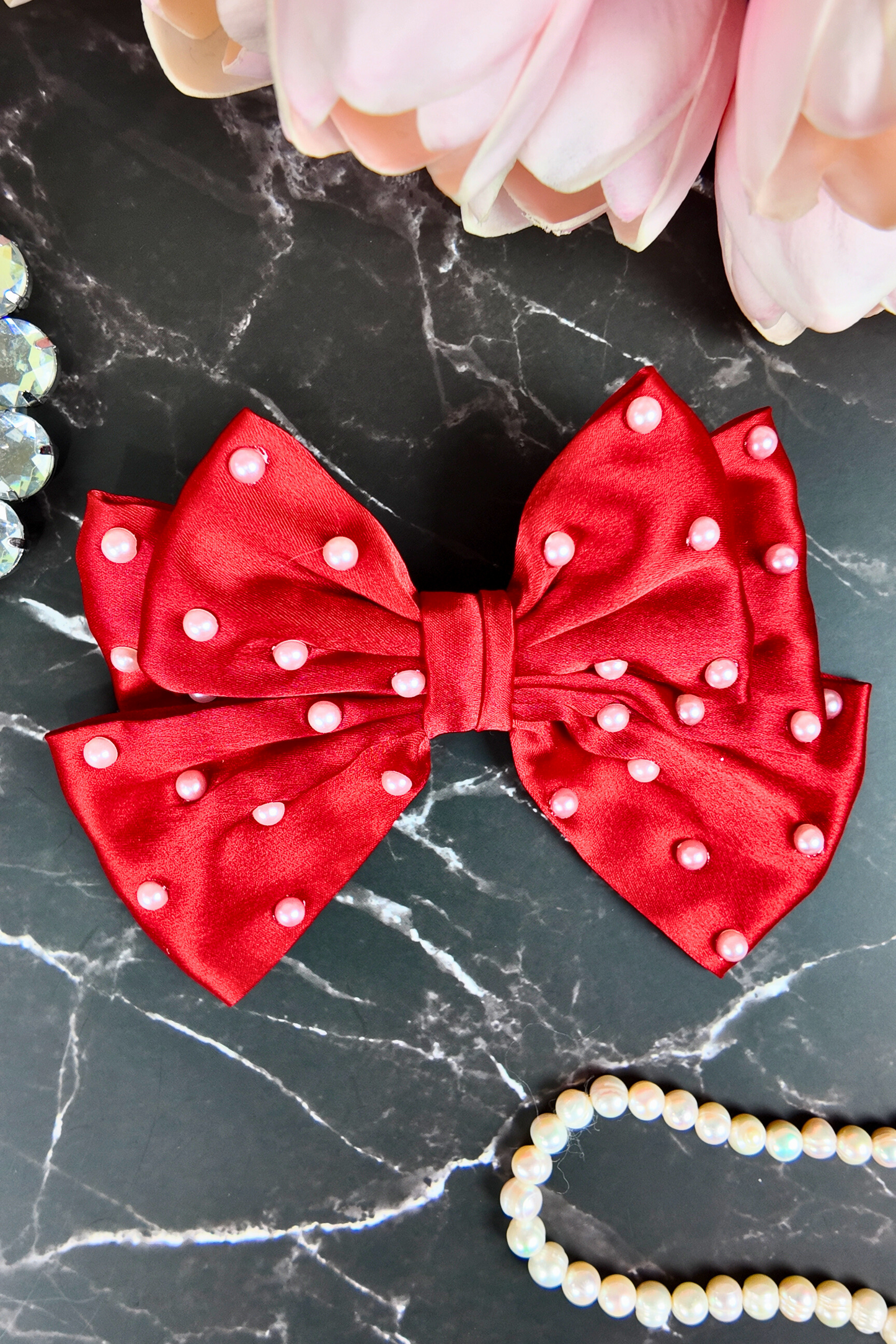 Triple Layered Pearl Bow-Red