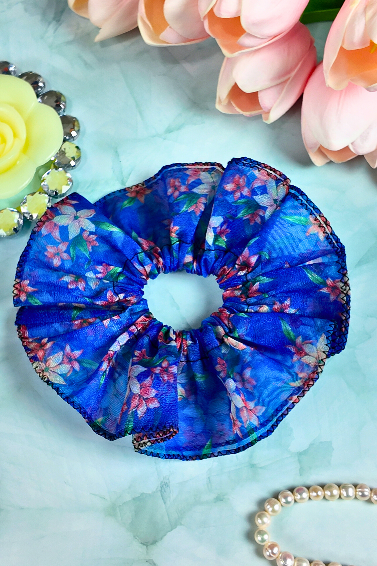 Ruffle Scrunchie - Blue Floral L