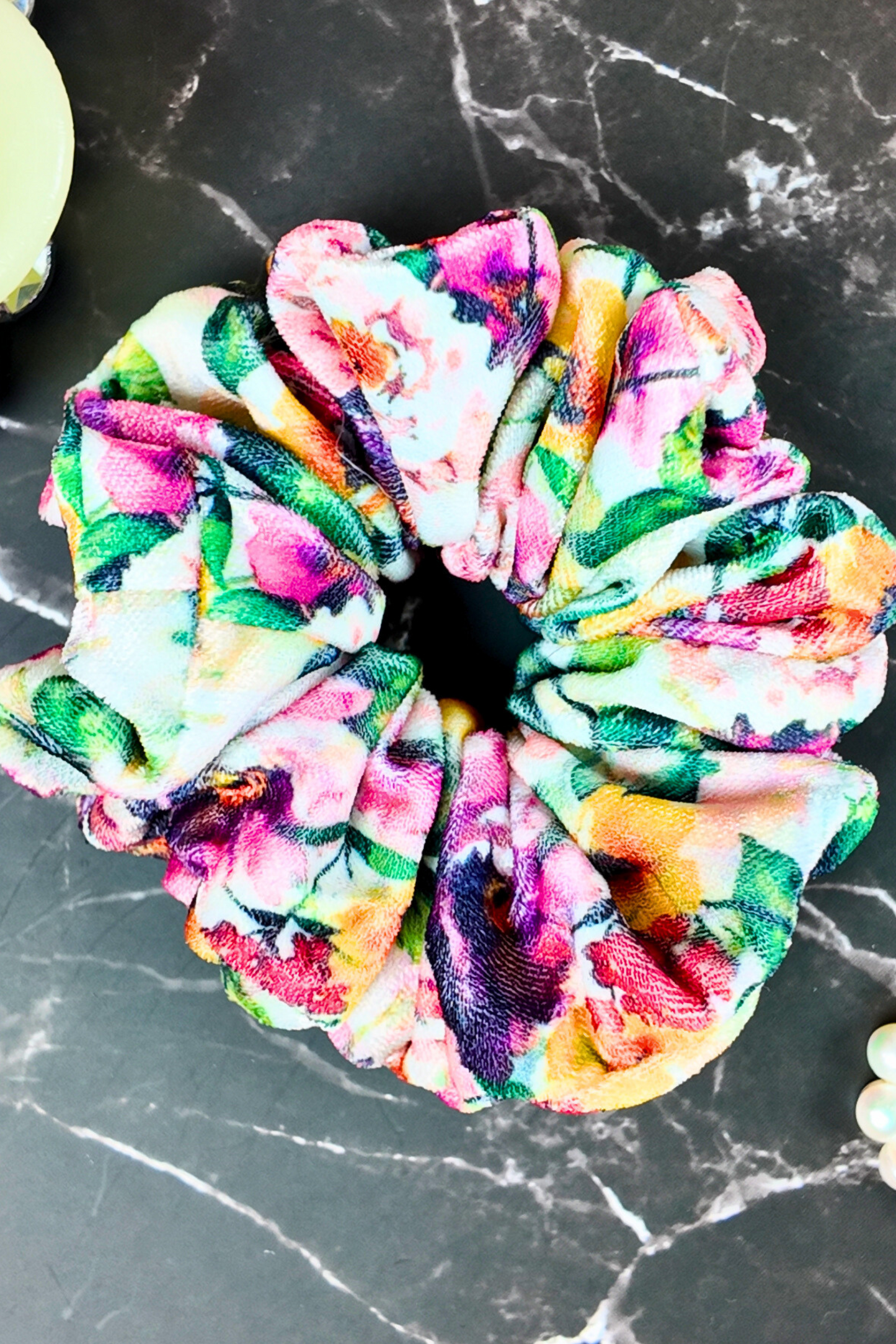 Velvet Scrunchie - White Floral1- L