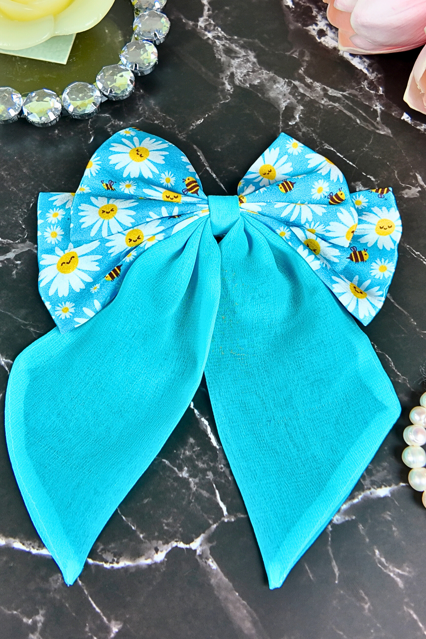 Triple Layered Bow - Blue Floral L