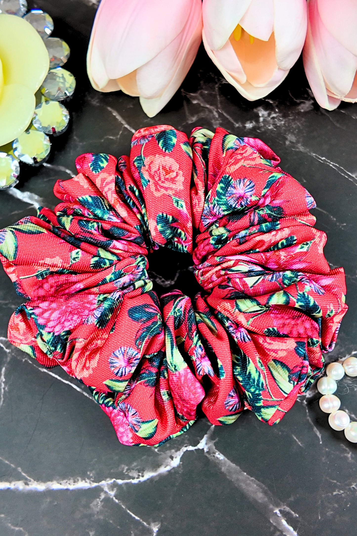 Printed Scrunchie - Red Floral - XL
